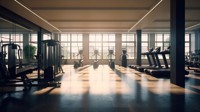 Modern light gym, Sports equipment in gym, Gym and fitness.