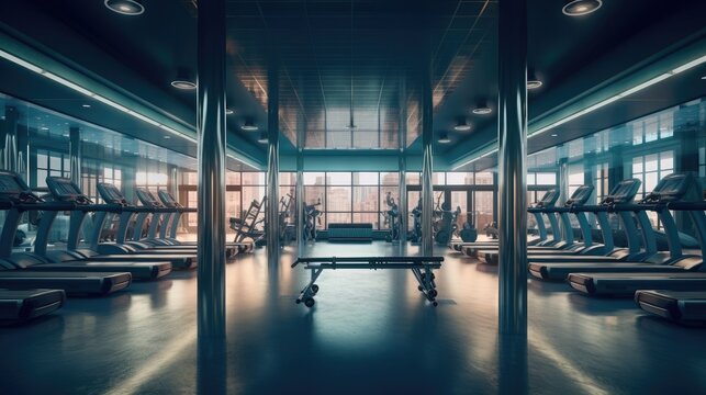 Modern light gym, Sports equipment in gym, Gym and fitness.