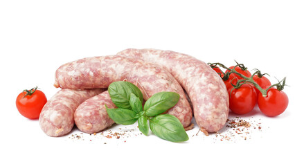 Raw fresh sausages, tomatoes and spices on white background