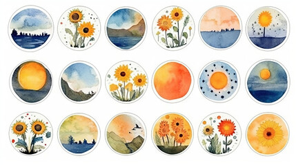 watercolor stickers set of sun palms and flowers in summer, generative ai