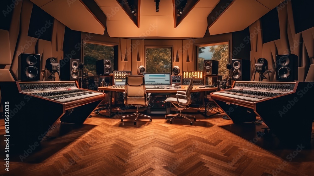 Poster modern music record studio control room with computer screen show user interface of daw software wit