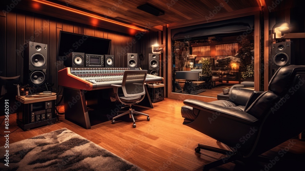 Aufkleber modern audio recording studio with equipment and recording both, mixing machine, audio monitors and 
