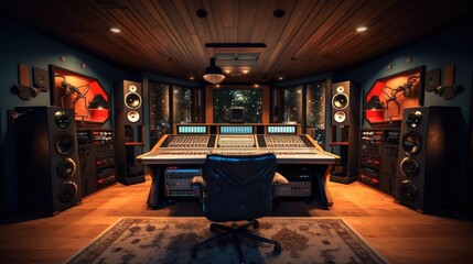 Modern Music Record Studio Control room with Computer Screen show User Interface of DAW Software with Song Playing, Mixer and other Professional Equipment.