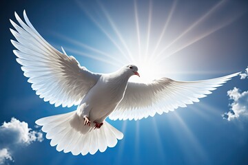 White dove in the rays of sunlight. Embodiment of the Holy Spirit. AI generated