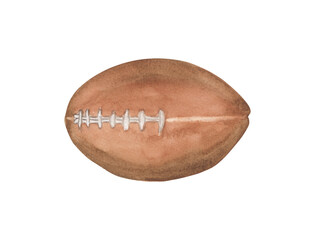 Rugby ball brown USA watercolor flags illustration on transparent background. 4th of July,  United States map. Greeting card, travel flyer, party invitation. Hand painted 