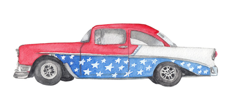 Vintage american car in USA flags colors Watercolor illustration on transparent background. 4th of July,  United States. Greeting card, travel flyer, party invitation. Hand painted 