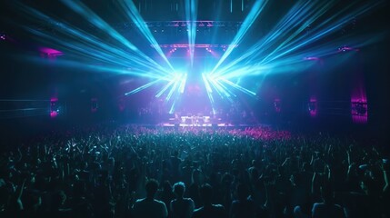 Crowd of people at a live event at concert or party, Large audience, crowd, or participants of a live event venue with bright lights above.