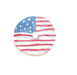 USA watercolor donut illustration on transparent background. 4th of July,  United States flag. Greeting card, travel flyer, party invitation. Hand painted 