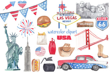 USA watercolor illustrations isolated on white background. American food, landmarks, transport, 4th of July symbols Greeting card, travel flyer, party invitation. Hand painted United States