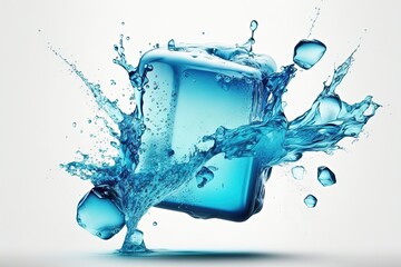 Splashes of blue water and ice cubes frozen on a white background. AI generated