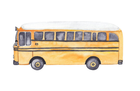 USA watercolor school bus illustration on transparent background. 4th of July,  United States transport. Greeting card, travel flyer, party invitation. Hand painted 
