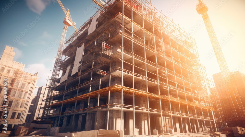 Poster Building under construction, Extensive scaffolding providing platforms for work in progress on a new apartment block.