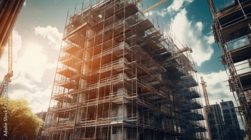 Poster the building is under construction with scaffolding, high rise building under construction.