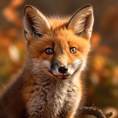 Naklejka na ściany i meble Red fox cub, Cute little wild predators in natural environment.