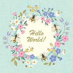 Honey bees and colorful little ditsy flowers on a blue background with texture. Circle vector design.