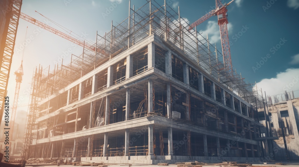 Poster Building under construction, Extensive scaffolding providing platforms for work in progress on a new apartment block.