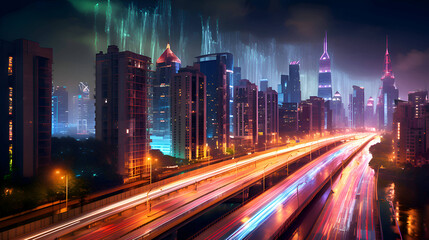 Beautiful city night view. Smart digital city with high speed light trail of cars. .