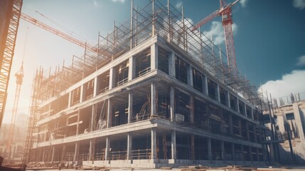 Building under construction, Extensive scaffolding providing platforms for work in progress on a new apartment block.