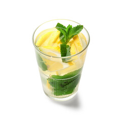 Glass of infused water with lemon and mint on white background