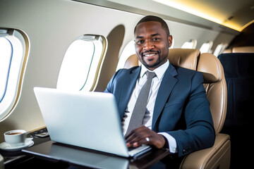 African american businessman in private jet, laptop, boss, entrepreneur, ceo, luxury jet, remote work, diversity, millionaire, success