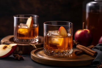 Apple cider old fashioned alcohol cocktail front view. AI generated - obrazy, fototapety, plakaty