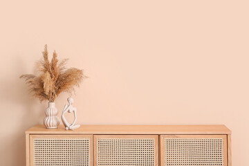 Modern chest of drawers with pampas grass near beige wall in room