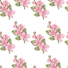 Fototapeta na wymiar Cherry blooming flowers watercolor bouquet seamless pattern