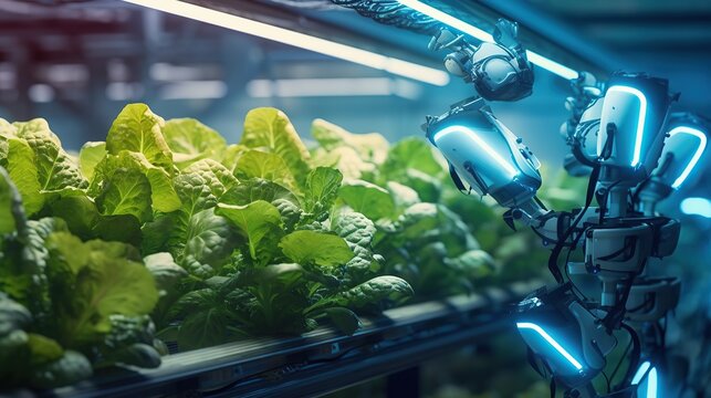 Smart farming agricultural technology robotic arm harvesting hydroponic lettuce in a greenhouse glow in night A professional photography should use a high - quality Generative AI