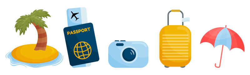 Cartoon summer elements, travel, beach, summertime accessory.  Passport with air tickets, palm, beach, camera, luggage, parasol. Vector  isolated illustration.