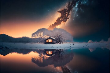 Naklejka na ściany i meble Snowy night on Sado Island in Japan, soft focus, misty, small dilapidated one-room Japanese-style hut with dim candlelight in a window and rounded corners, deeply covered in snow, colorful Nebula in t