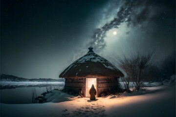 Fototapeta na wymiar Snowy night on Sado Island in Japan, soft focus, misty, small dilapidated one-room Japanese-style hut with dim candlelight in a window and rounded corners, deeply covered in snow, colorful Nebula in t