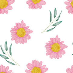 Pink watercolor flowers with golden seamless pattern