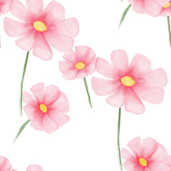 Pink watercolor flowers seamless pattern on white