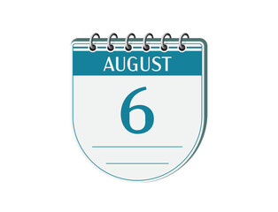 6 august round retro calendar page vector. 3d one day calendar, date appointment, business planner, event reminder illustration. Abstract three dimensional daily date old calendar. 