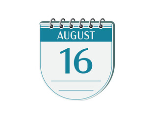 16 august round retro calendar page vector. 3d one day calendar, date appointment, business planner, event reminder illustration. Abstract three dimensional daily date old calendar. 