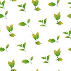 Seamless pattern with watercolor green leaves