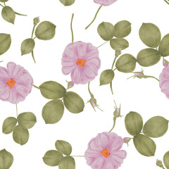 Watercolor rose with leaves seamless pattern