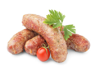 Tasty homemade sausages isolated on white background