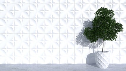 Close up, blank clean wallpaper motive wall and plant for luxury product display, interior design decoration background 3D rendering.