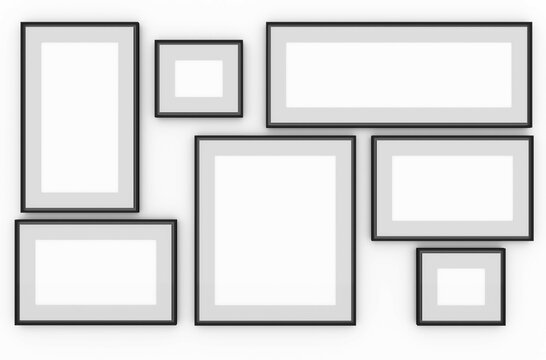 Black frames collection, seven blank frameworks set isolated on white wall, interior decor mock up, 3d rendering.