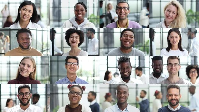 Crowded video screen with diverse multinational people on it.