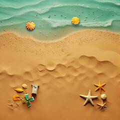 Palm leaf, starfishes, seashell and space for text on beach sand, flat lay. Summer vacation. AI generated