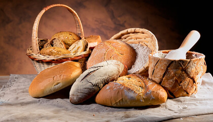 Natural fermentation Italian breads in still with baskets in the composition
