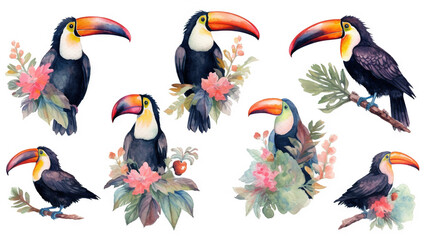 watercolor stickers of toucan and flamingo in summer, ai generative
