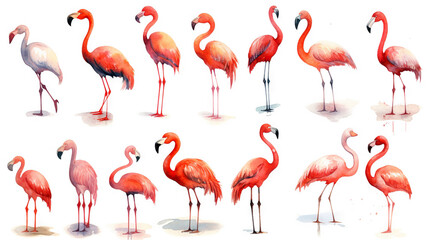 Fototapeta premium watercolor stickers of toucan and flamingo in summer, ai generative