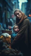 Naklejka na ściany i meble A poor mom hugging her son in the street under the rainy sky, homeless, war victims, hope and faith ai, ai generative, illustration