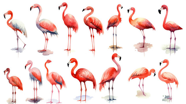 watercolor stickers of toucan and flamingo in summer, ai generative © Alessandro