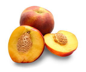Halves of sweet peach on white background
