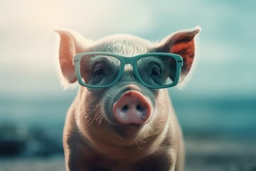 Funny cute pig in sunglasses with happy emotion. AI generated, human enhanced