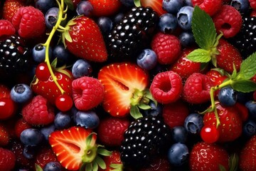 Obraz na płótnie Canvas Appetizing tasty berry background. The concept of proper nutrition and vitamins in the crop. AI generated